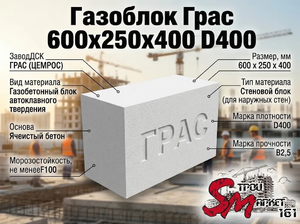 Газоблок Грас 600x250x400 D400