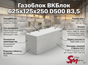 Газоблок ВКБлок 625x125x250 D500 В3,5