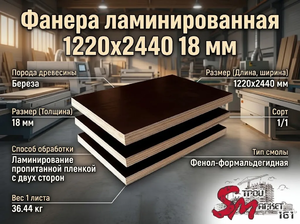 Фанера ламинированная ФЛФ сорт 1/1 black 1220*2440 мм (18 мм)