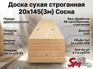 Доска сухая строганная 20x145(3м) Сосна