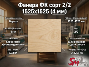 Фанера ФК сорт 2/2 1525х1525 (4 мм)