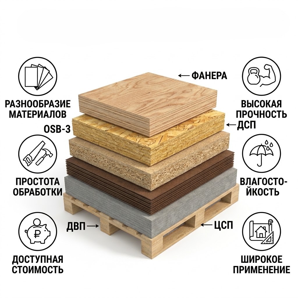 Фанера, ДВП, ДСП, OSB-3, ЦСП
