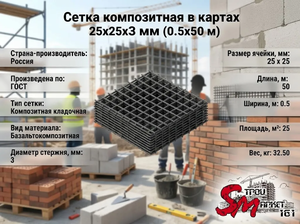 Сетка композитная в картах 25х25х3 мм (0.5х50 м)