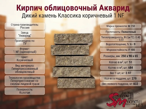 Кирпич облицовочный Акварид Дикий камень Классика коричневый 1 NF
