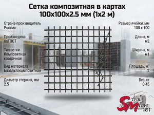 Сетка композитная в картах 100х100х2.5 мм (1х2 м)