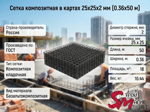 Сетка композитная в картах 25х25х2 мм (0.36х50 м)