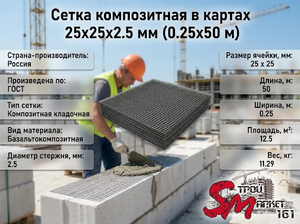 Сетка композитная в картах 25х25х2.5 мм (0.25х50 м)