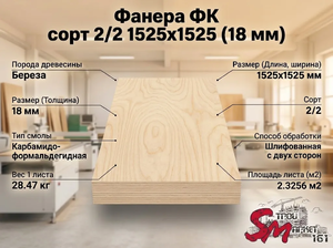 Фанера ФК сорт 2/2 1525х1525 (18 мм)