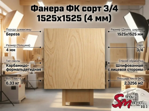 Фанера ФК сорт 3/4 1525х1525 (4 мм)