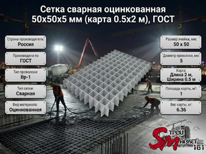 Сетка сварная оцинкованная 50х50х5 мм (карта 0.5х2 м), ГОСТ
